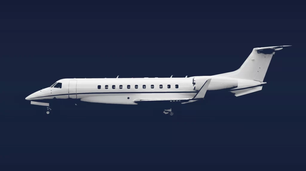 Embraer Legacy 600 private charter aircraft, left-side profile on a deep navy studio background