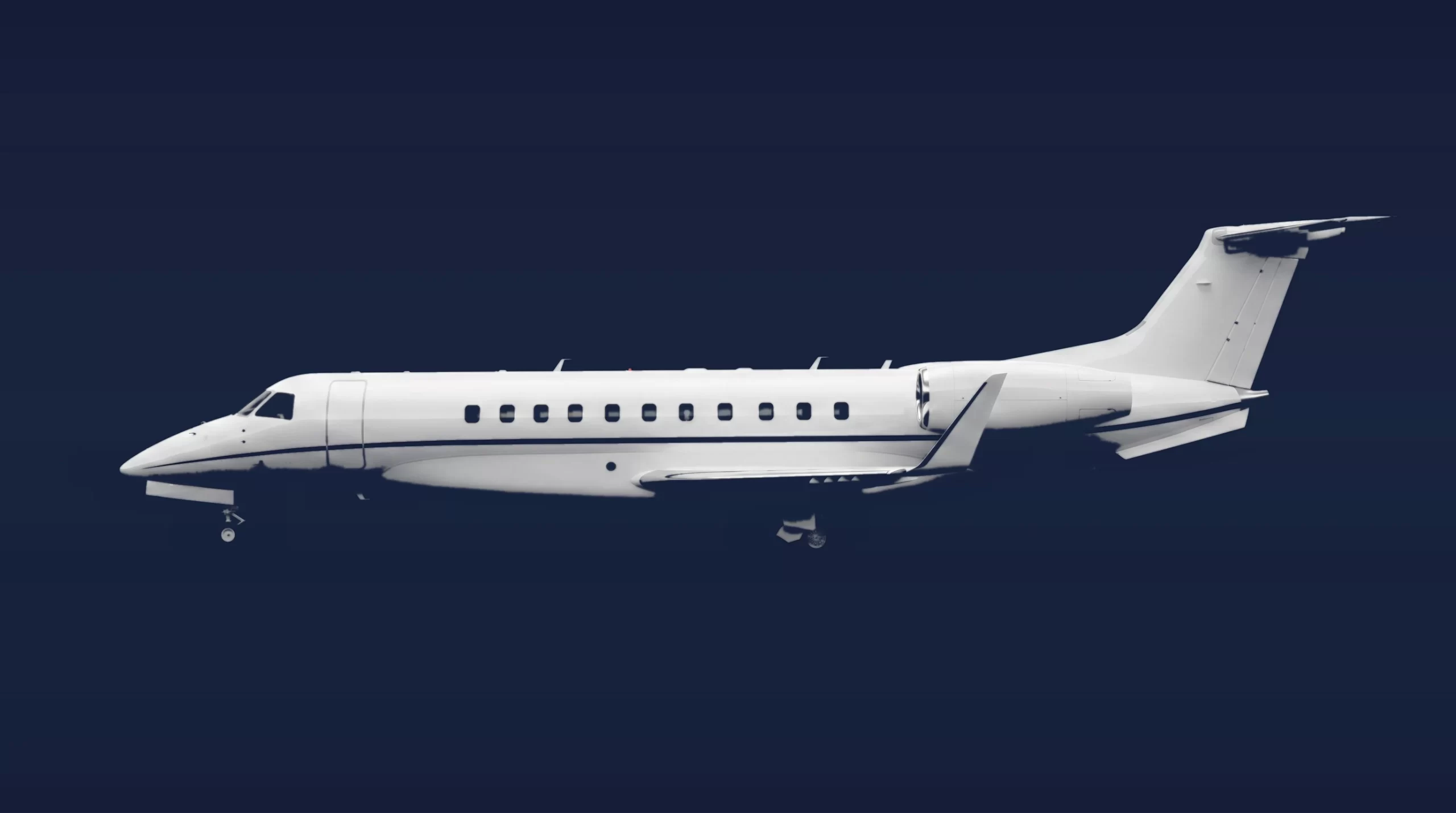 Embraer Legacy 600 private charter aircraft, left-side profile on a deep navy studio background