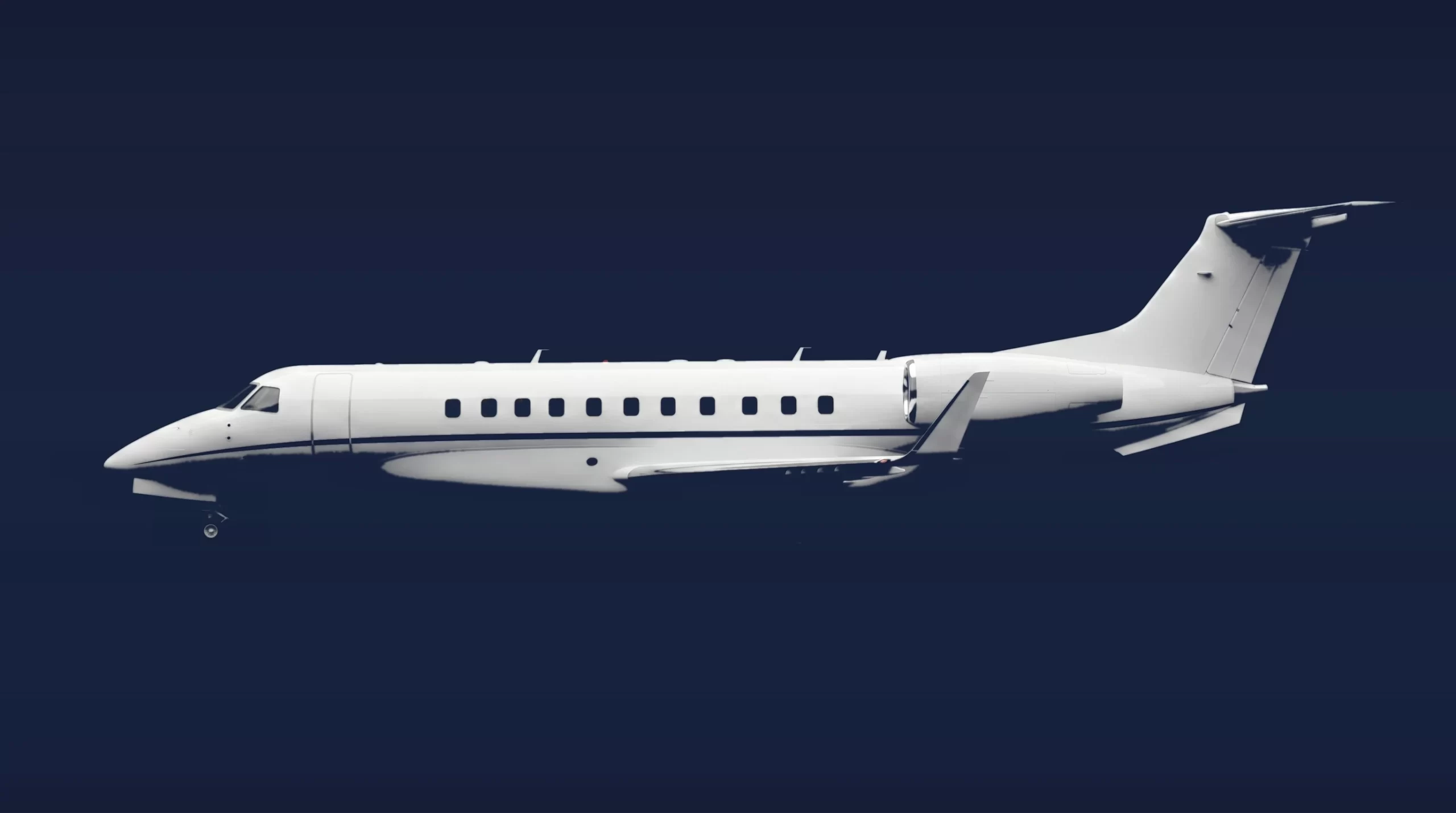 Embraer Legacy 650 private charter aircraft, left-side profile on a deep navy studio background