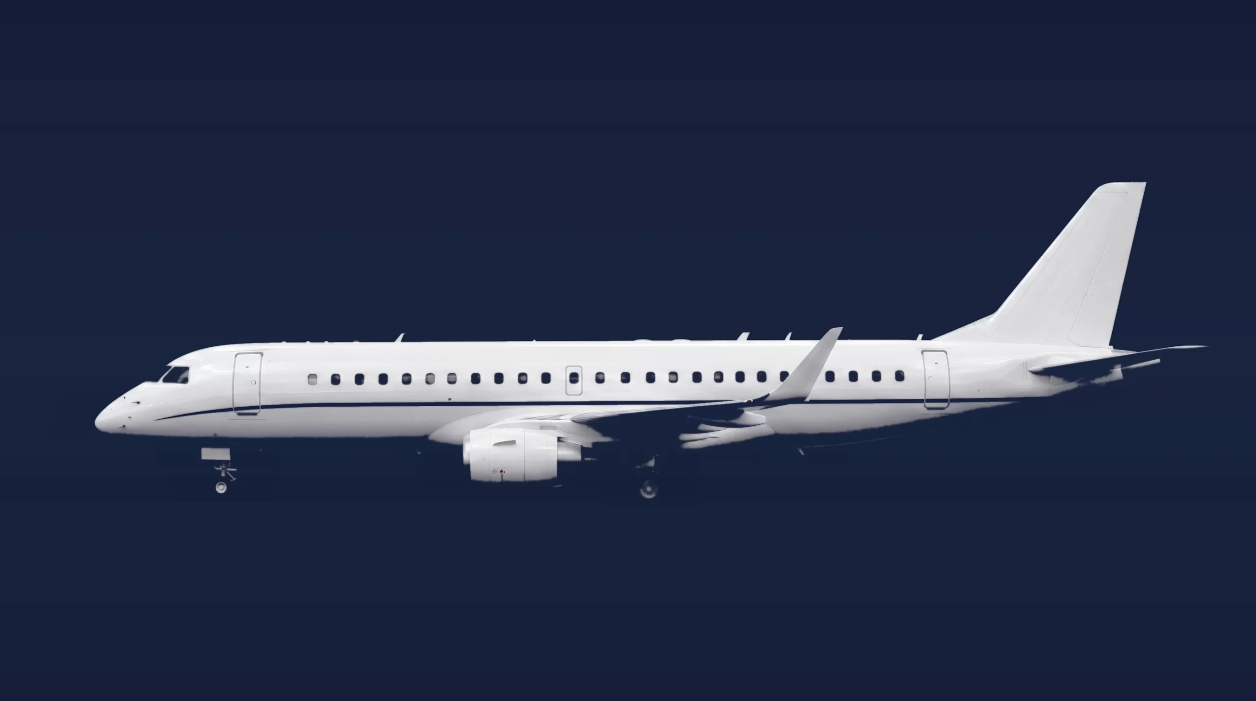 Embraer Lineage 1000 private charter aircraft, left-side profile on a deep navy studio background