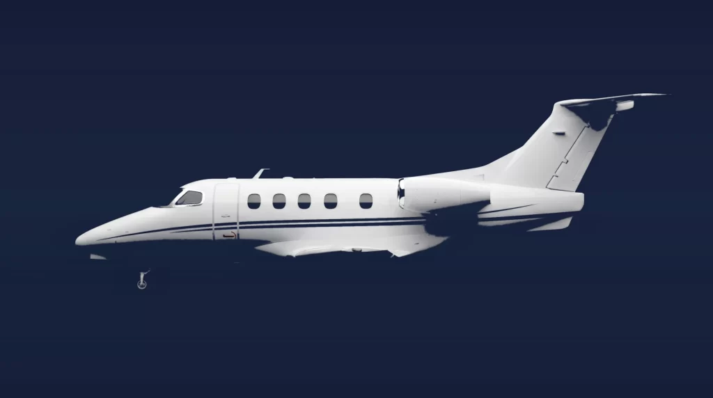Embraer Phenom 100 private charter aircraft, left-side profile on a deep navy studio background