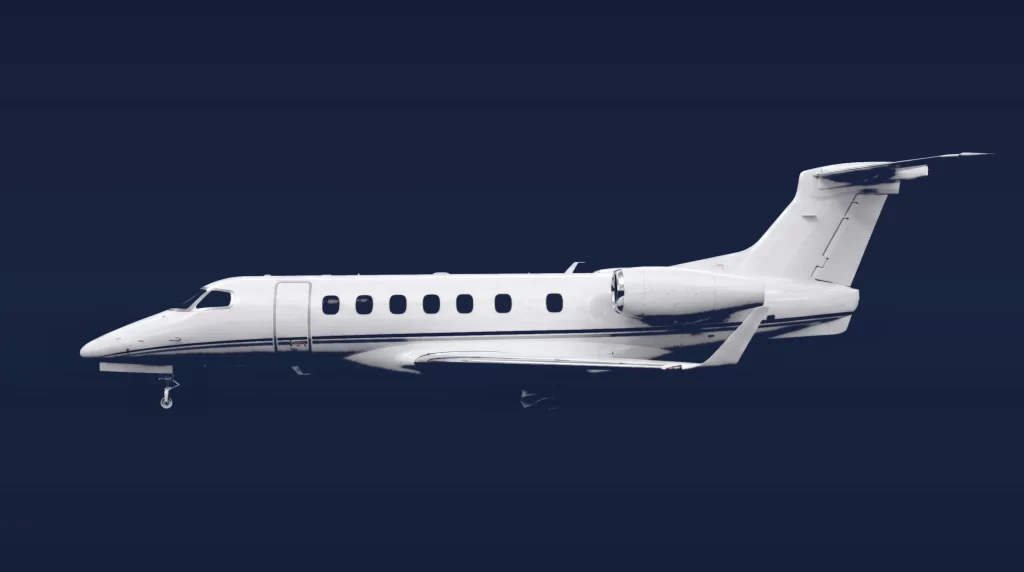 Embraer Phenom 300 private charter aircraft, left-side profile on a deep navy studio background