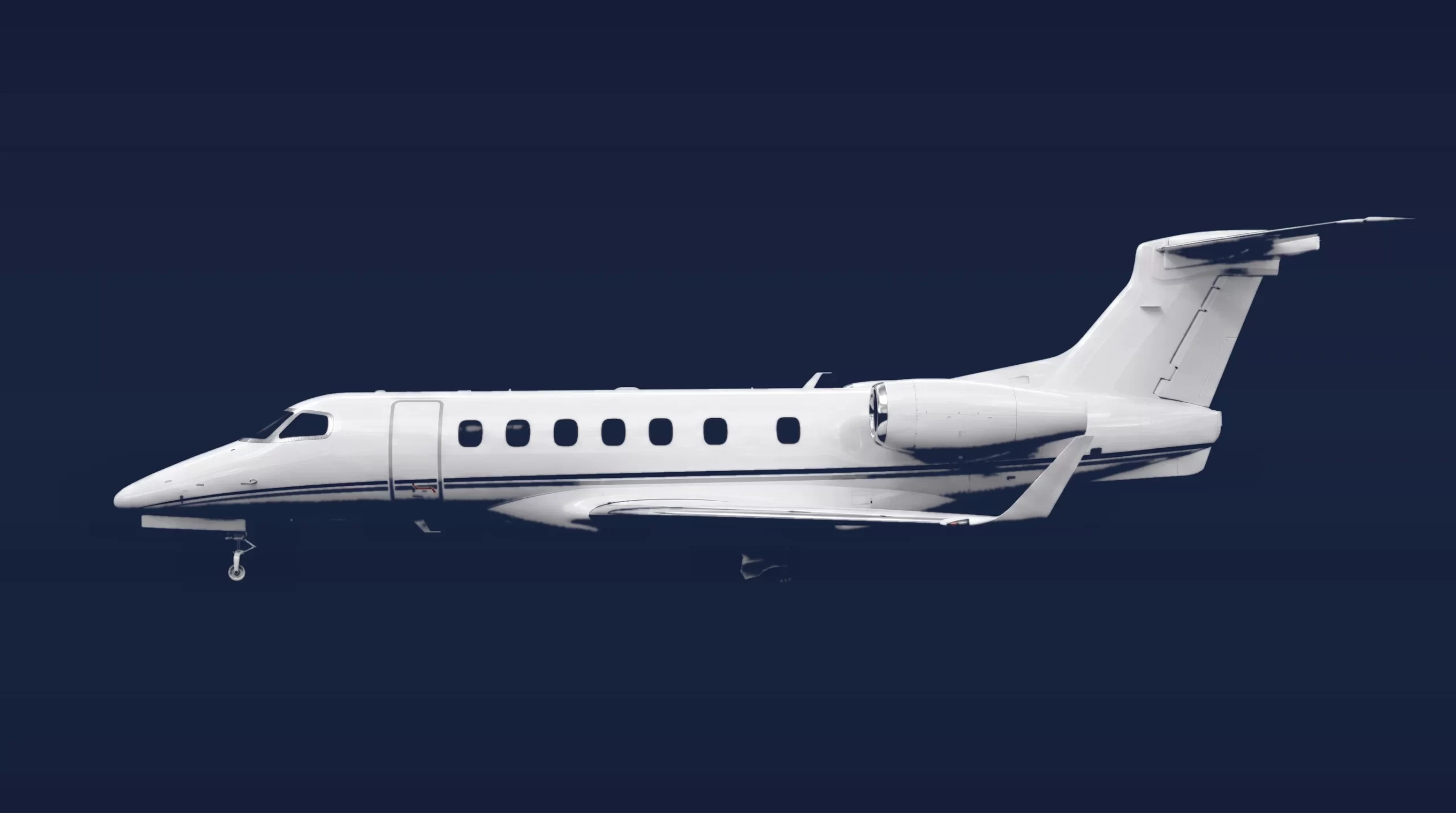 Embraer Phenom 300 private charter aircraft, left-side profile on a deep navy studio background
