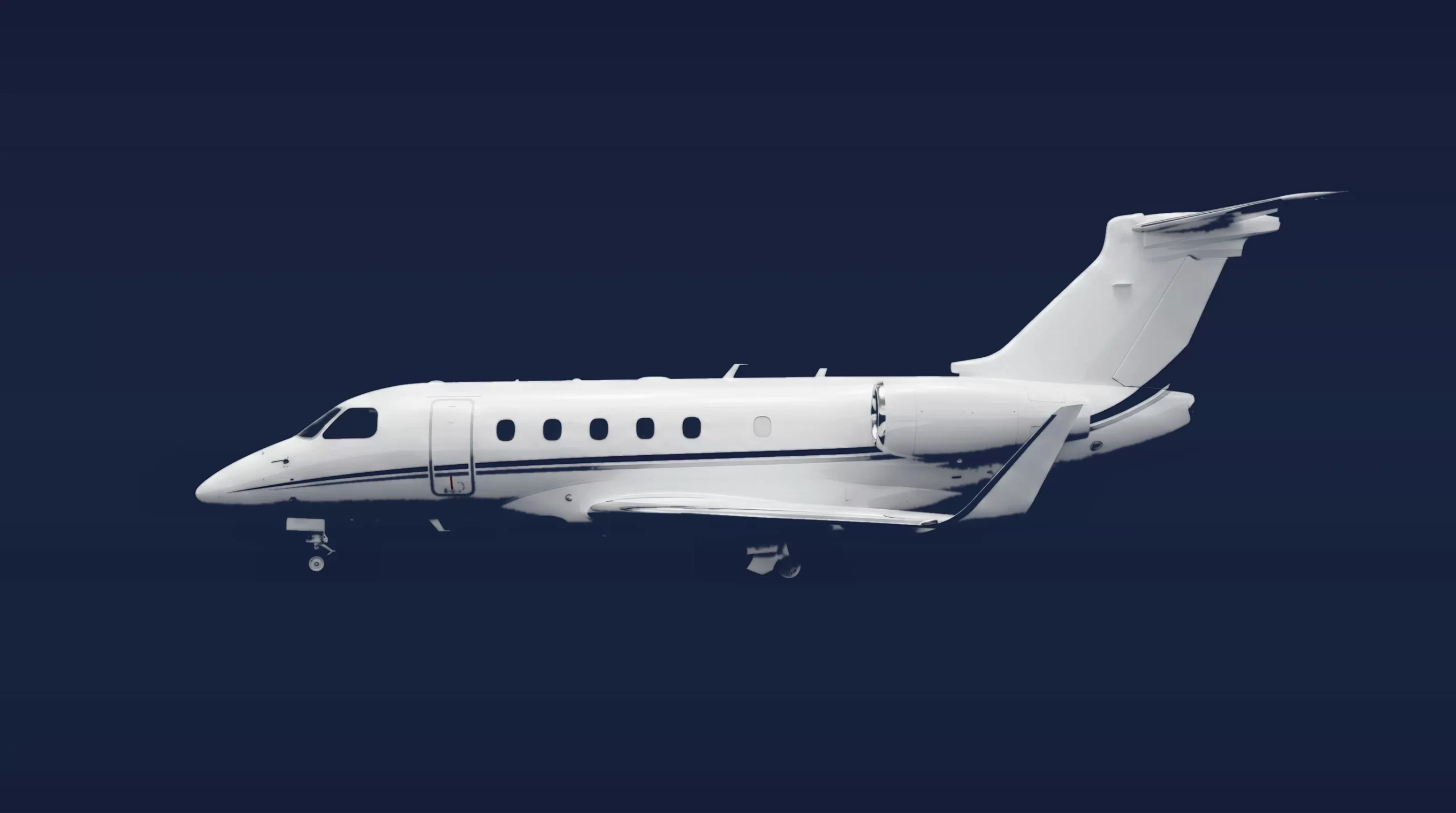 Embraer Praetor 500 private charter aircraft, left-side profile on a deep navy studio background