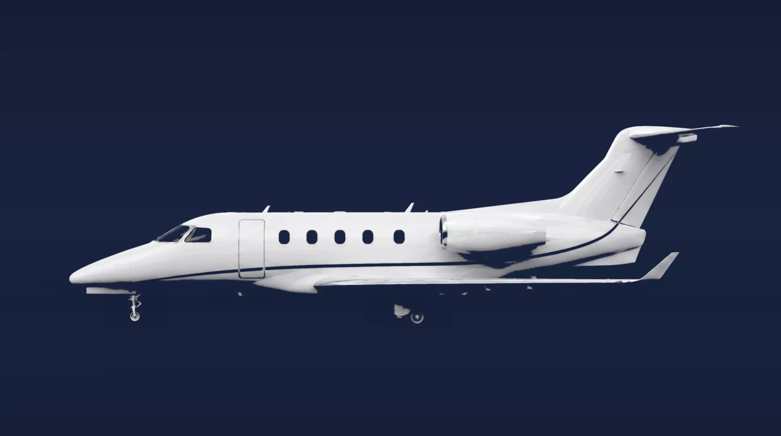 Embraer Praetor 600 private charter aircraft, left-side profile on a deep navy studio background
