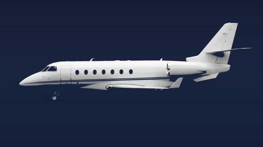 Gulfstream G200 private charter aircraft, left-side profile on a deep navy studio background