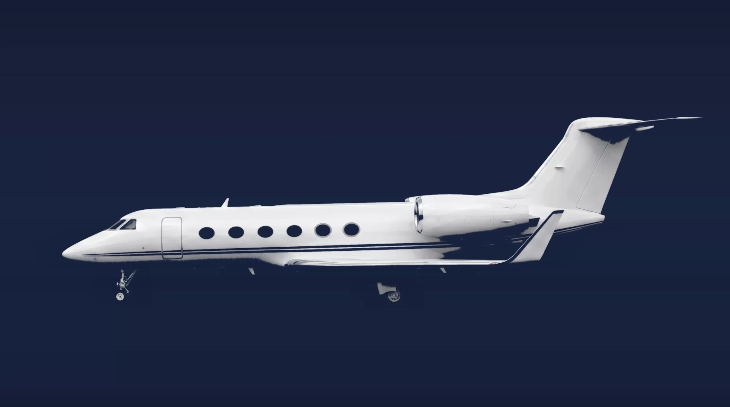 Gulfstream G350 private charter aircraft, left-side profile on a deep navy studio background