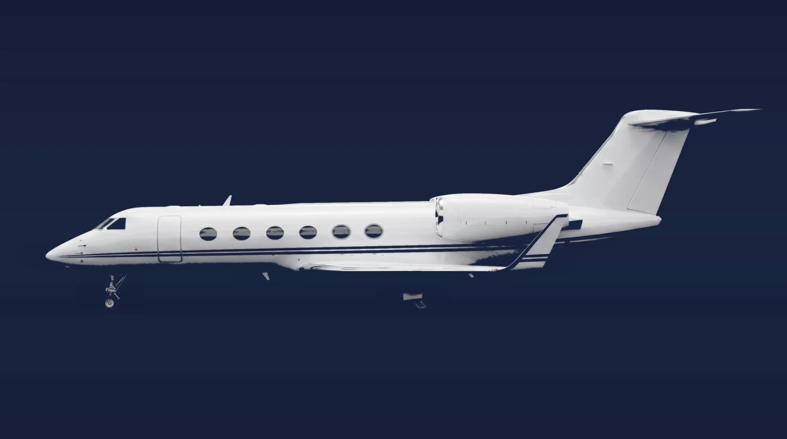 Gulfstream G450 private charter aircraft, left-side profile on a deep navy studio background