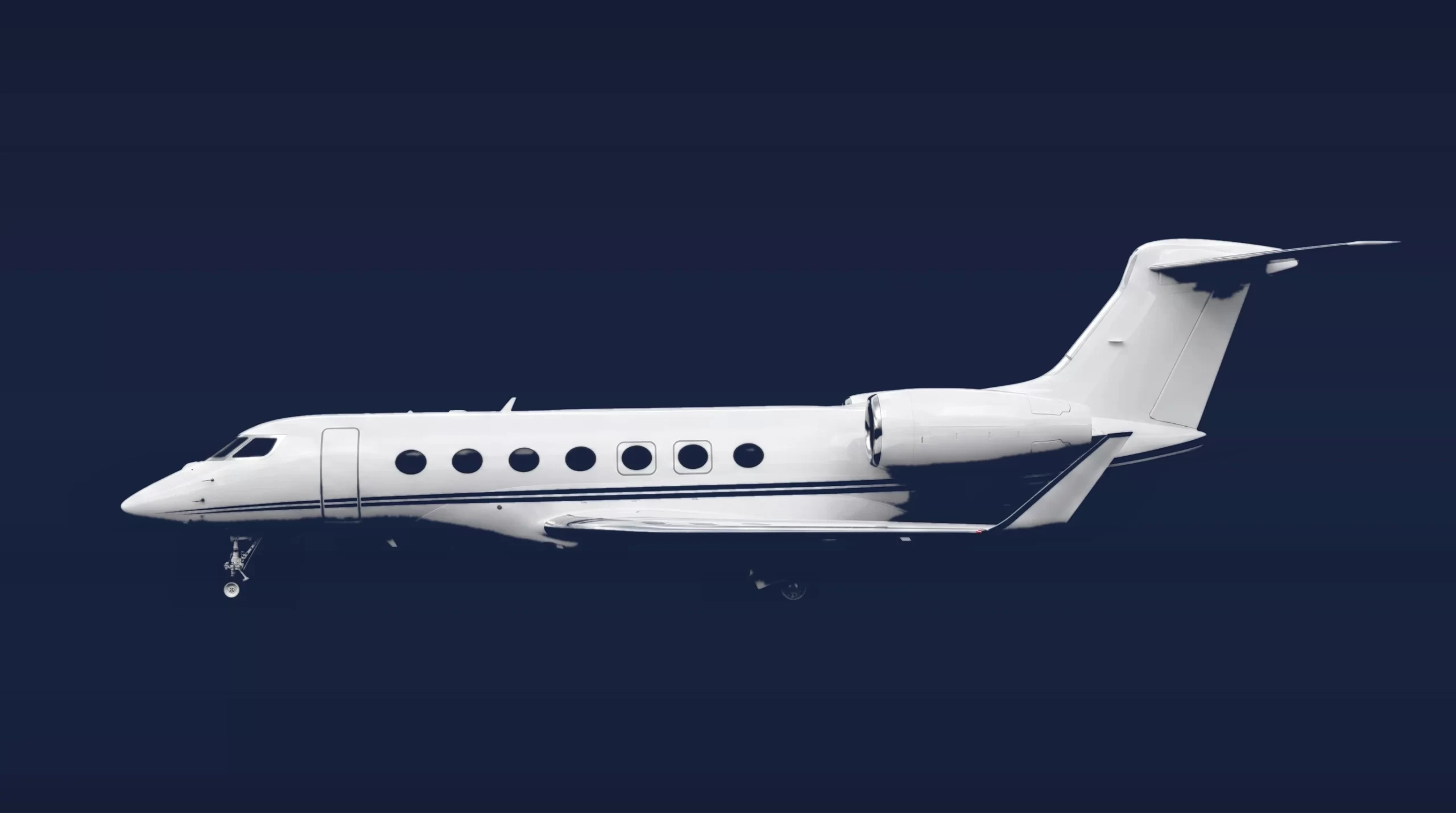 Gulfstream G500 private charter aircraft, left-side profile on a deep navy studio background