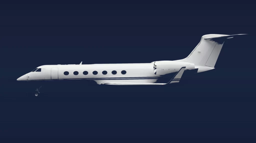 Gulfstream G550 private charter aircraft, left-side profile on a deep navy studio background