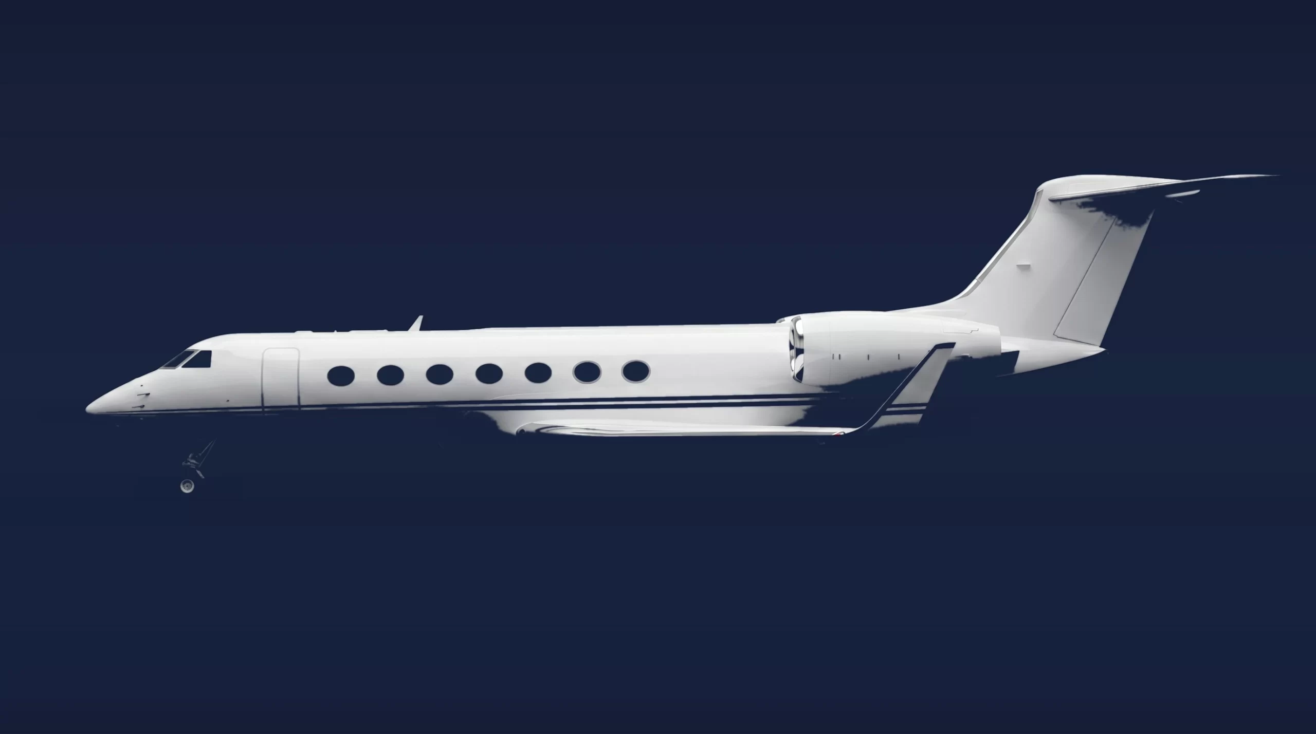 Gulfstream G550 private charter aircraft, left-side profile on a deep navy studio background