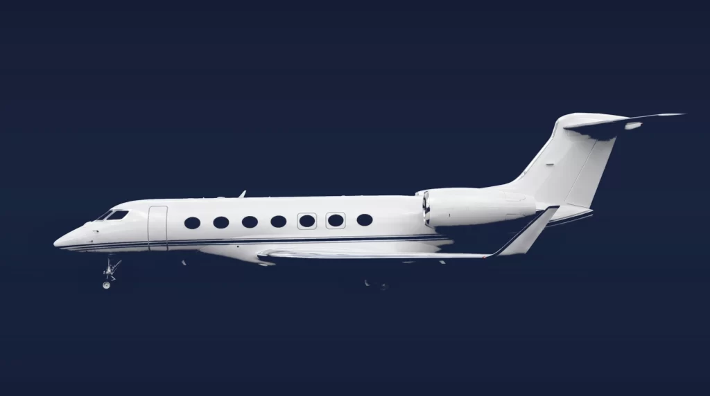 Gulfstream G600 private charter aircraft, left-side profile on a deep navy studio background