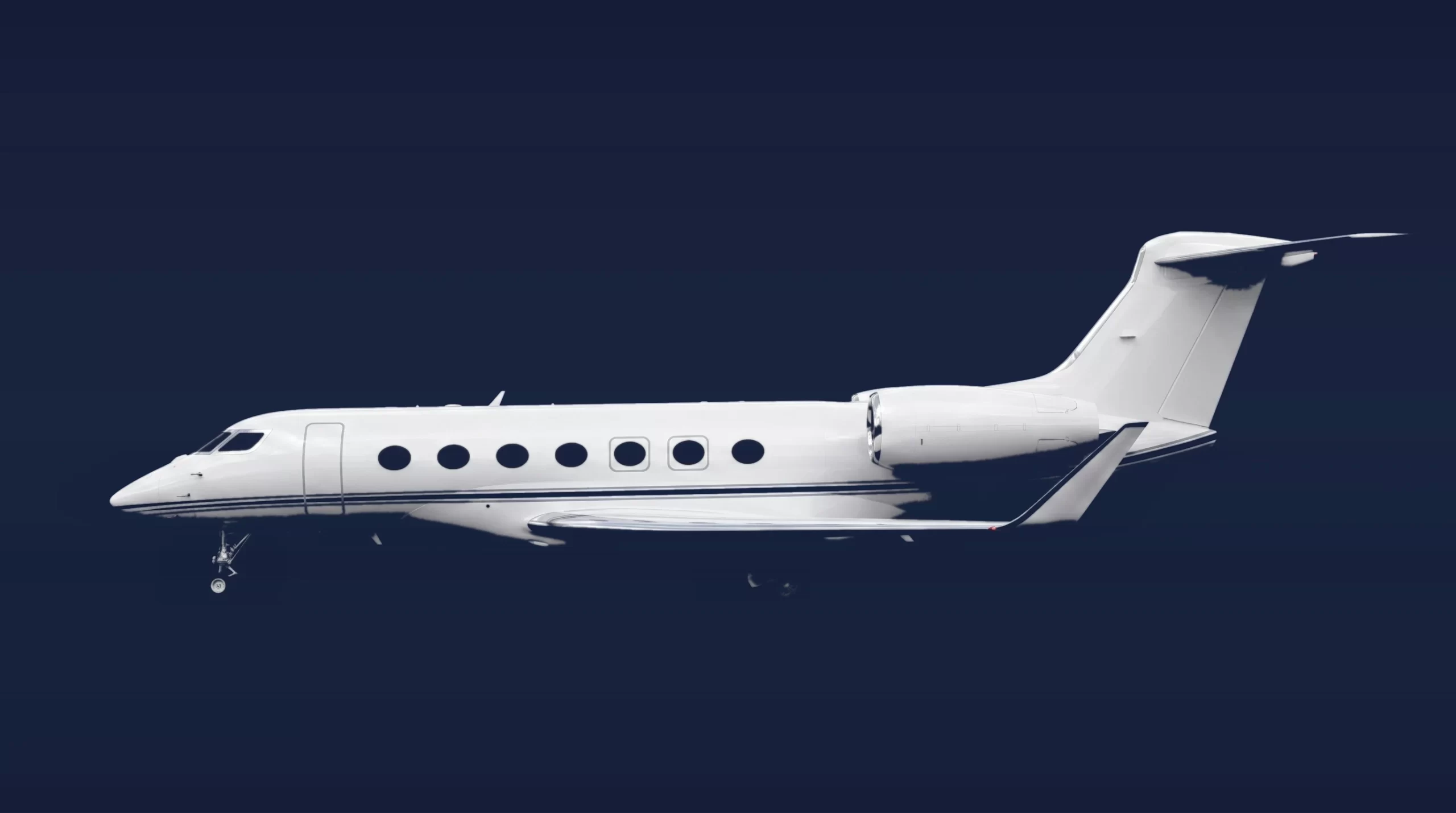 Gulfstream G600 private charter aircraft, left-side profile on a deep navy studio background