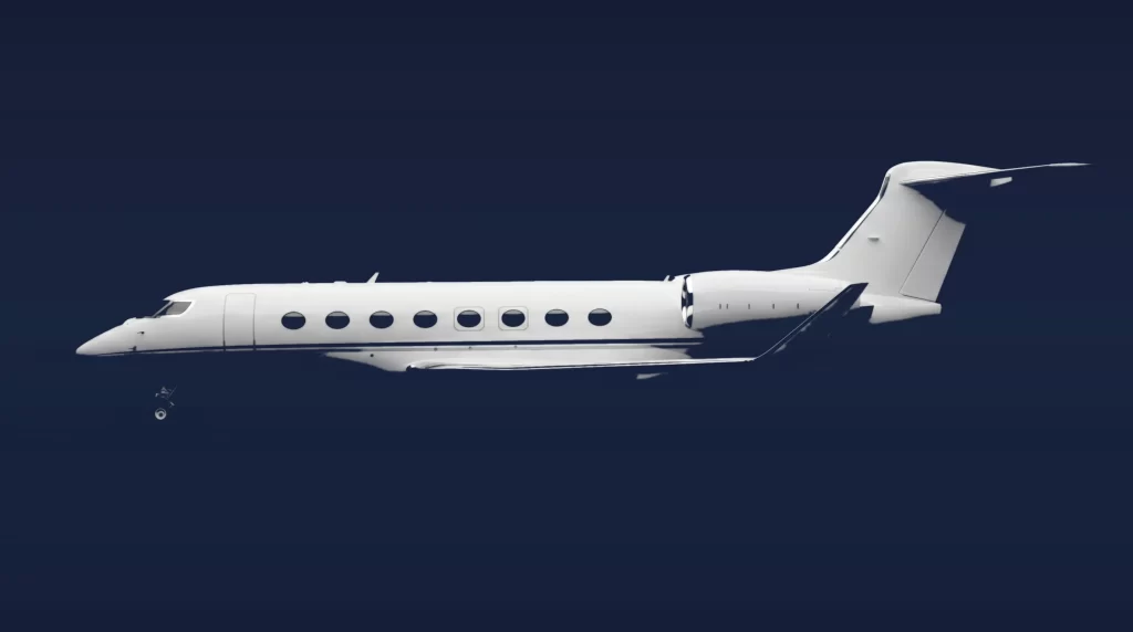 Gulfstream G650 private charter aircraft, left-side profile on a deep navy studio background