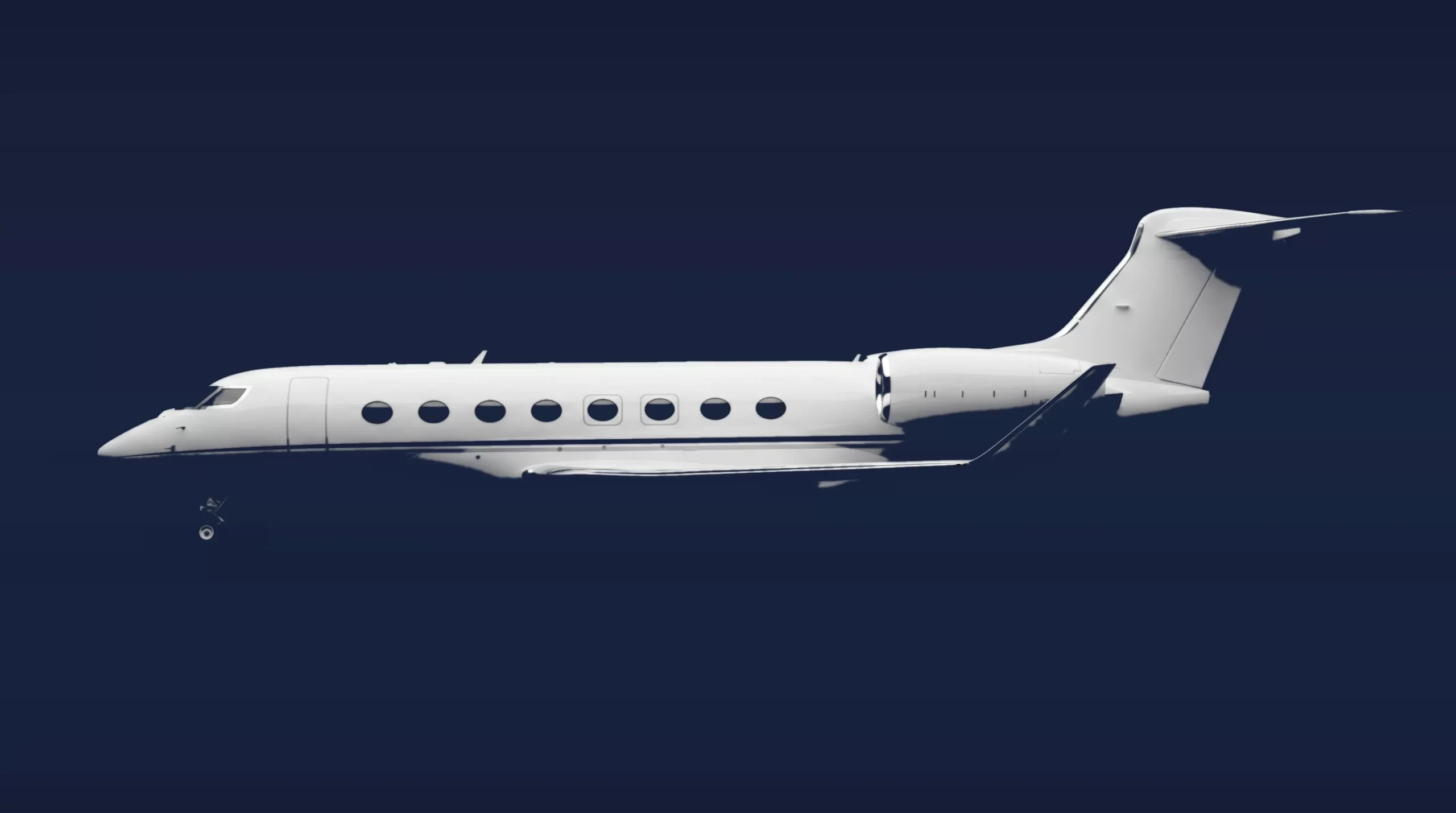 Gulfstream G650 private charter aircraft, left-side profile on a deep navy studio background