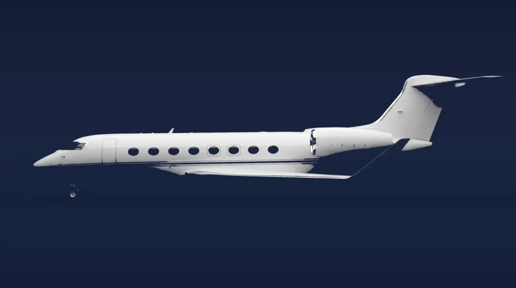 Gulfstream G650ER private charter aircraft, left-side profile on a deep navy studio background