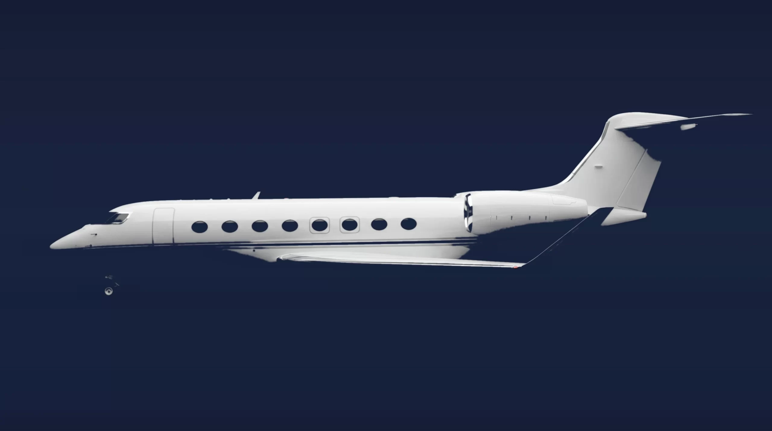 Gulfstream G650ER private charter aircraft, left-side profile on a deep navy studio background