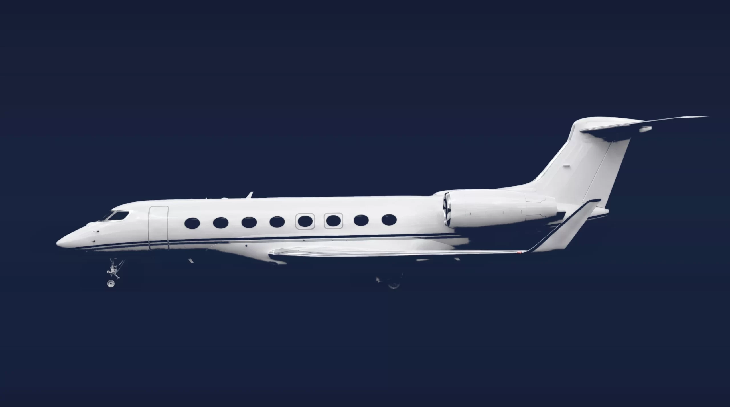 Gulfstream G700 private charter aircraft, left-side profile on a deep navy studio background