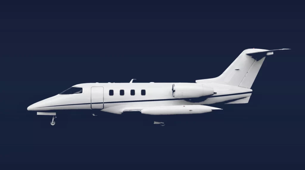 Hawker 400XP private charter aircraft, left-side profile on a deep navy studio background