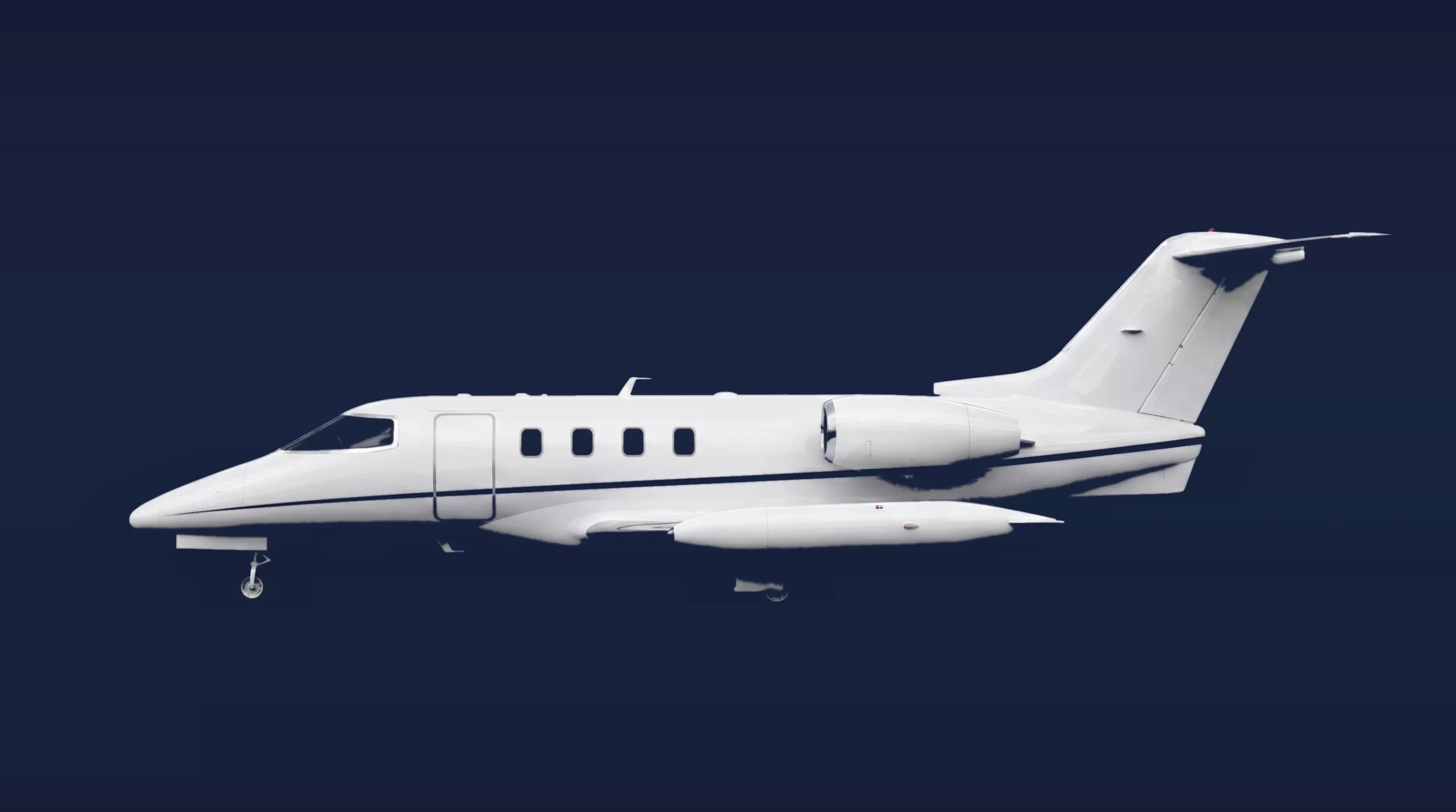 Hawker 400XP private charter aircraft, left-side profile on a deep navy studio background
