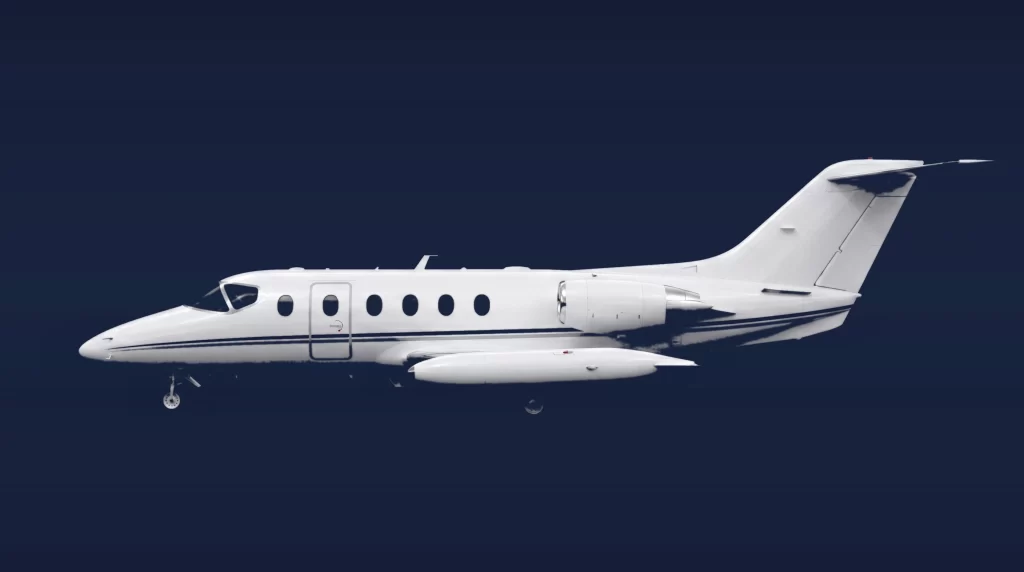 Nextant 400XTi private charter aircraft, left-side profile on a deep navy studio background