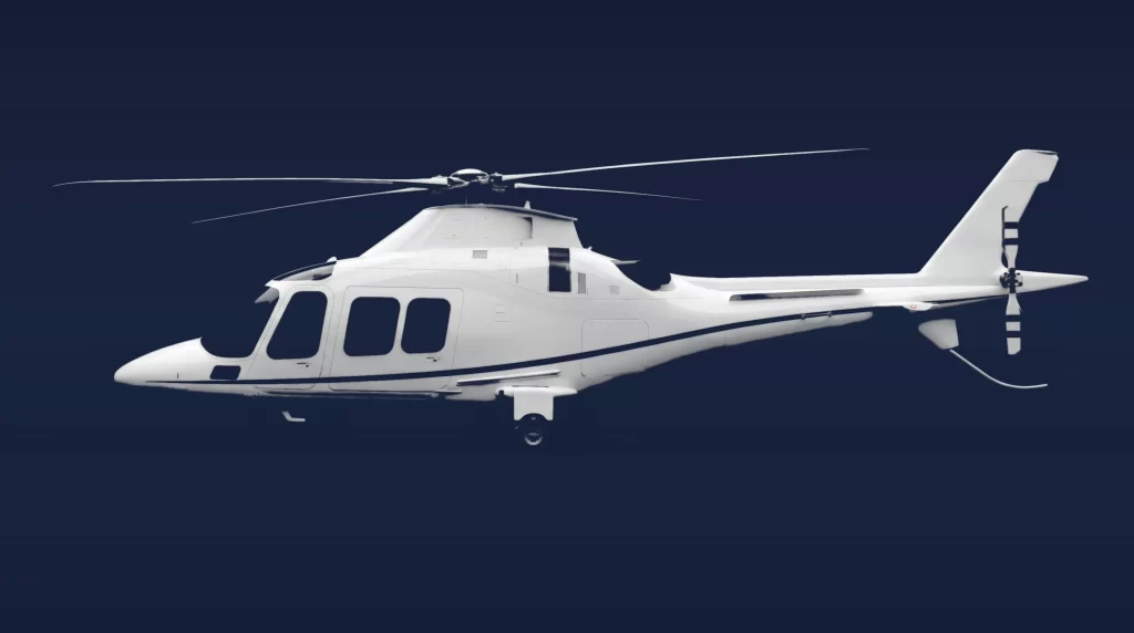 Agusta AW109E private charter aircraft, left-side profile on a deep navy studio background