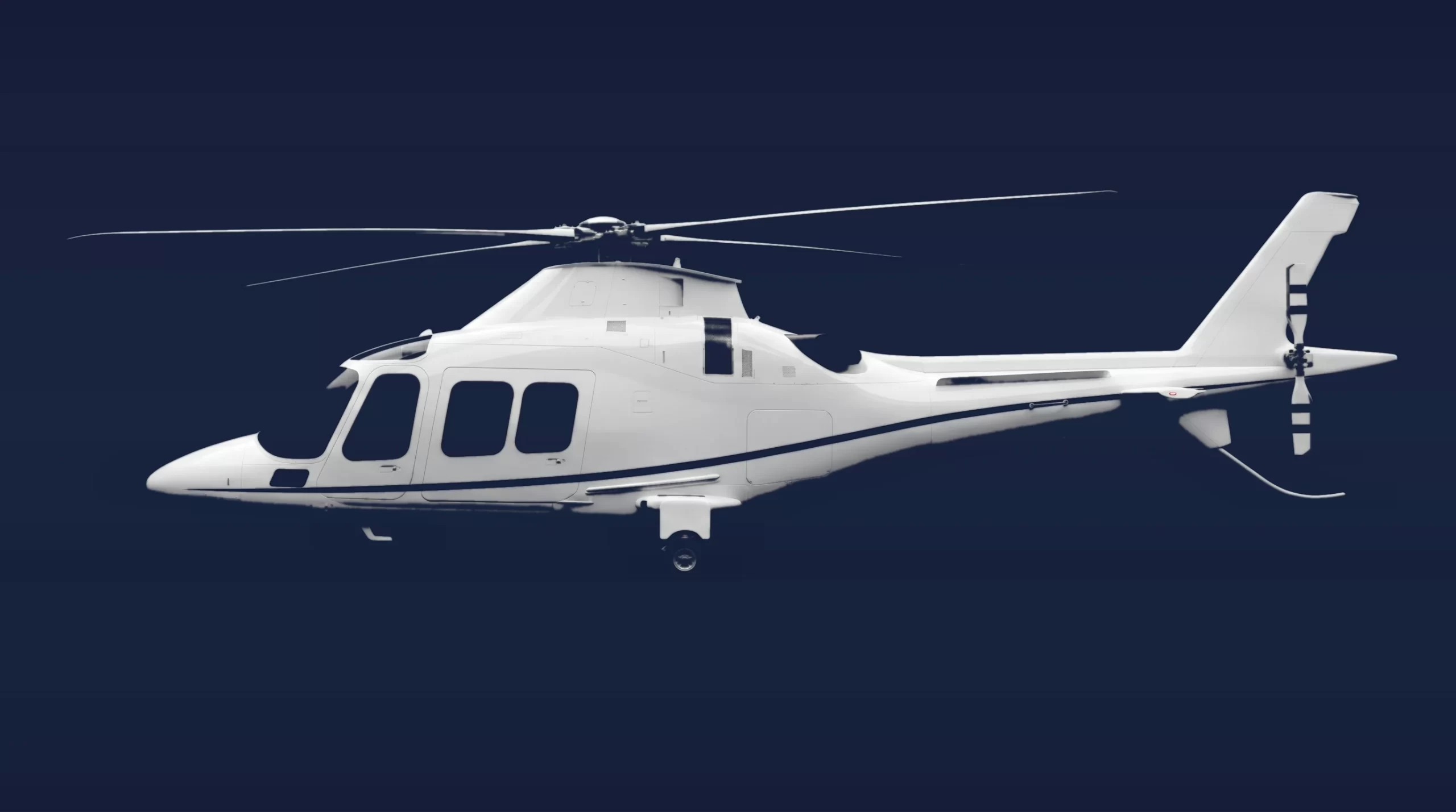 Agusta AW109E private charter aircraft, left-side profile on a deep navy studio background