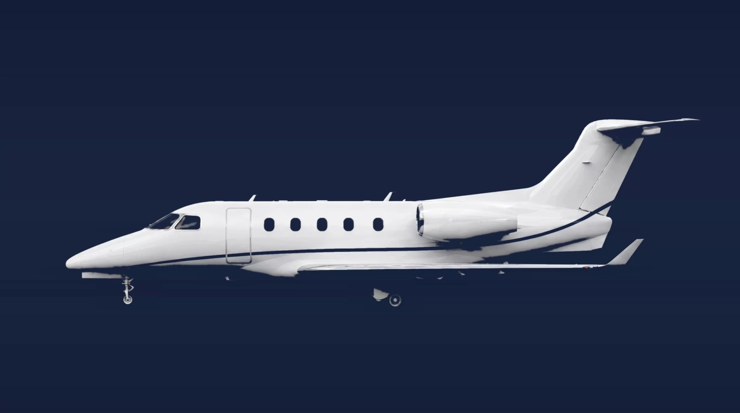 Beechcraft Premier 1A private charter aircraft, left-side profile on a deep navy studio background