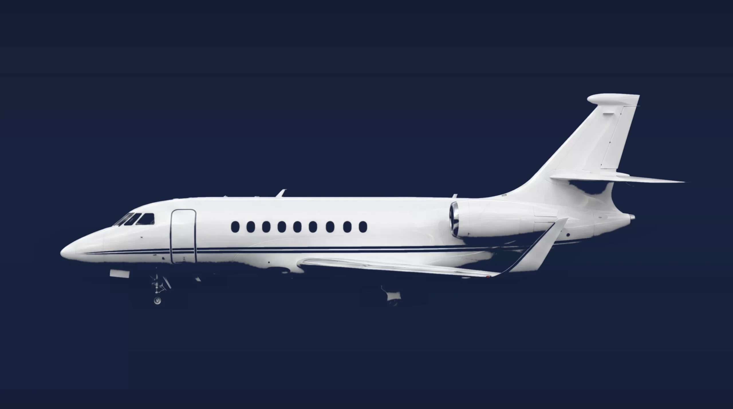 Dassault Falcon 2000 private charter aircraft, left-side profile on a deep navy studio background