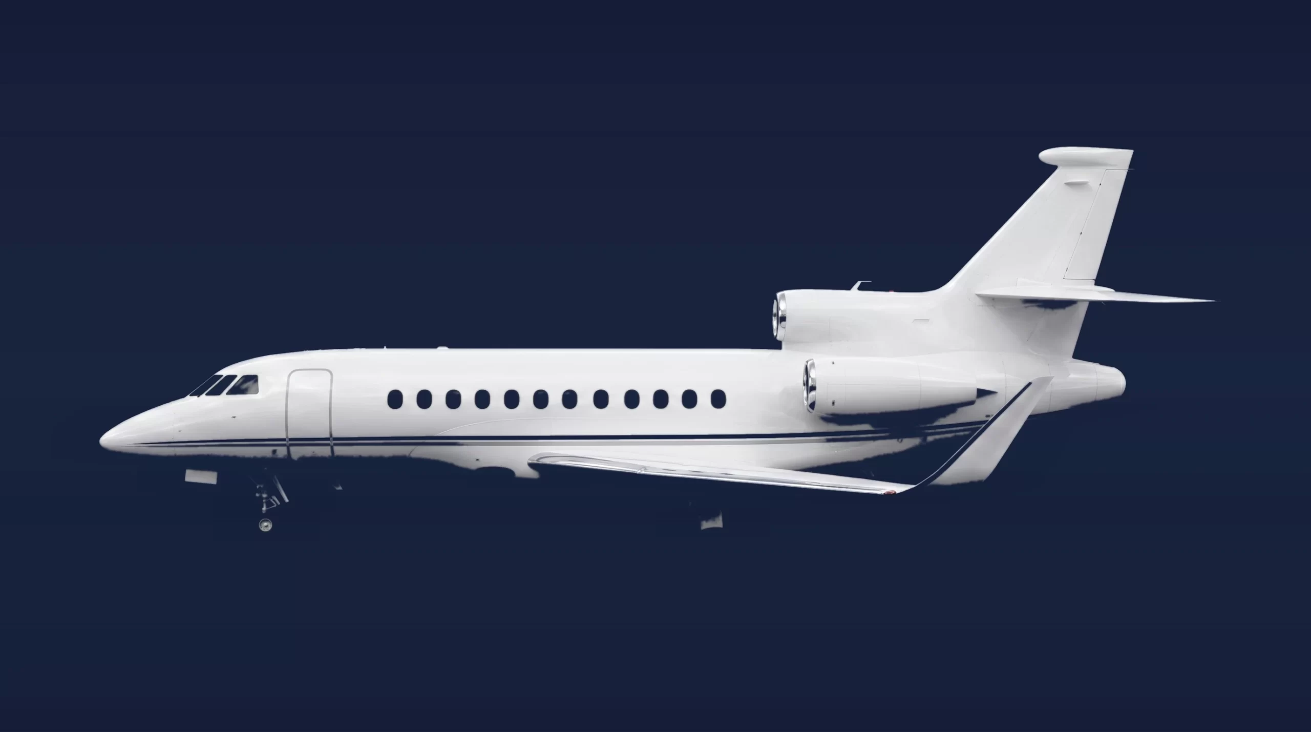 Dassault Falcon 900EX private charter aircraft, left-side profile on a deep navy studio background
