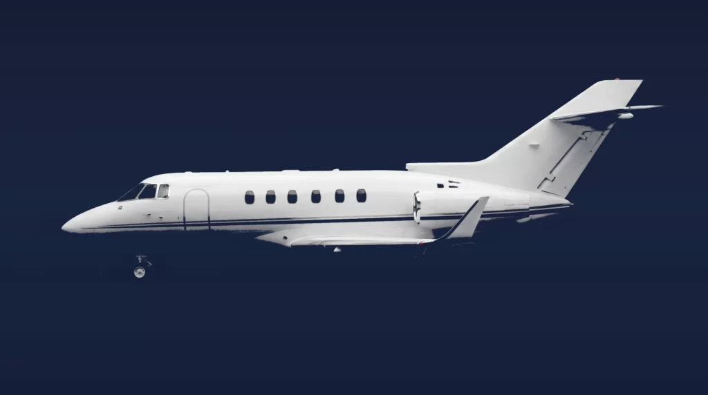 Hawker 900XP private charter aircraft, left-side profile on a deep navy studio background