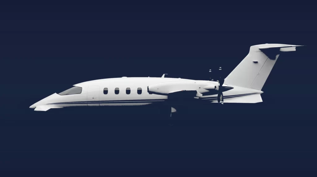 Piaggio Avanti EVO private charter aircraft, left-side profile on a deep navy studio background