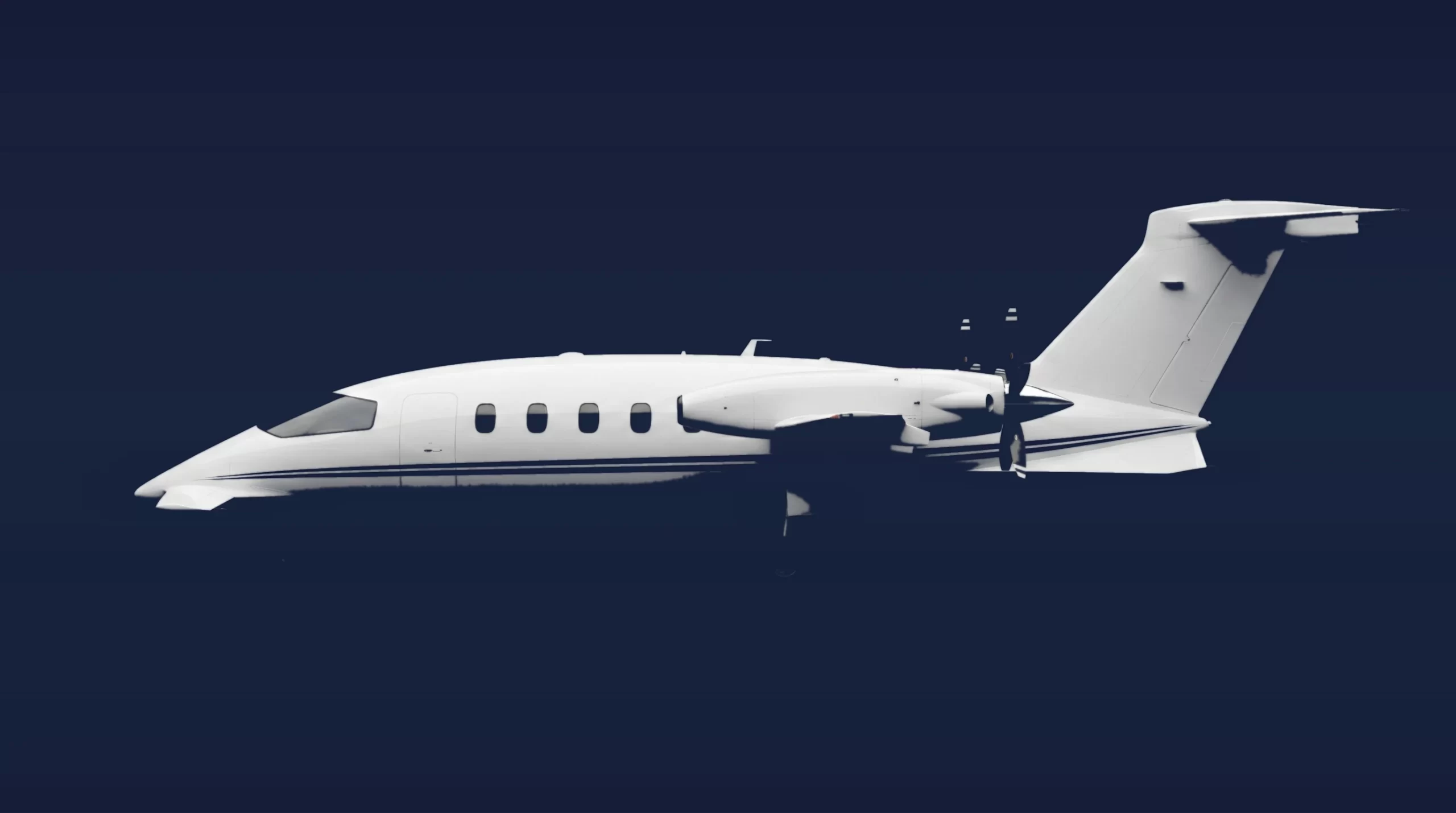 Piaggio Avanti EVO private charter aircraft, left-side profile on a deep navy studio background