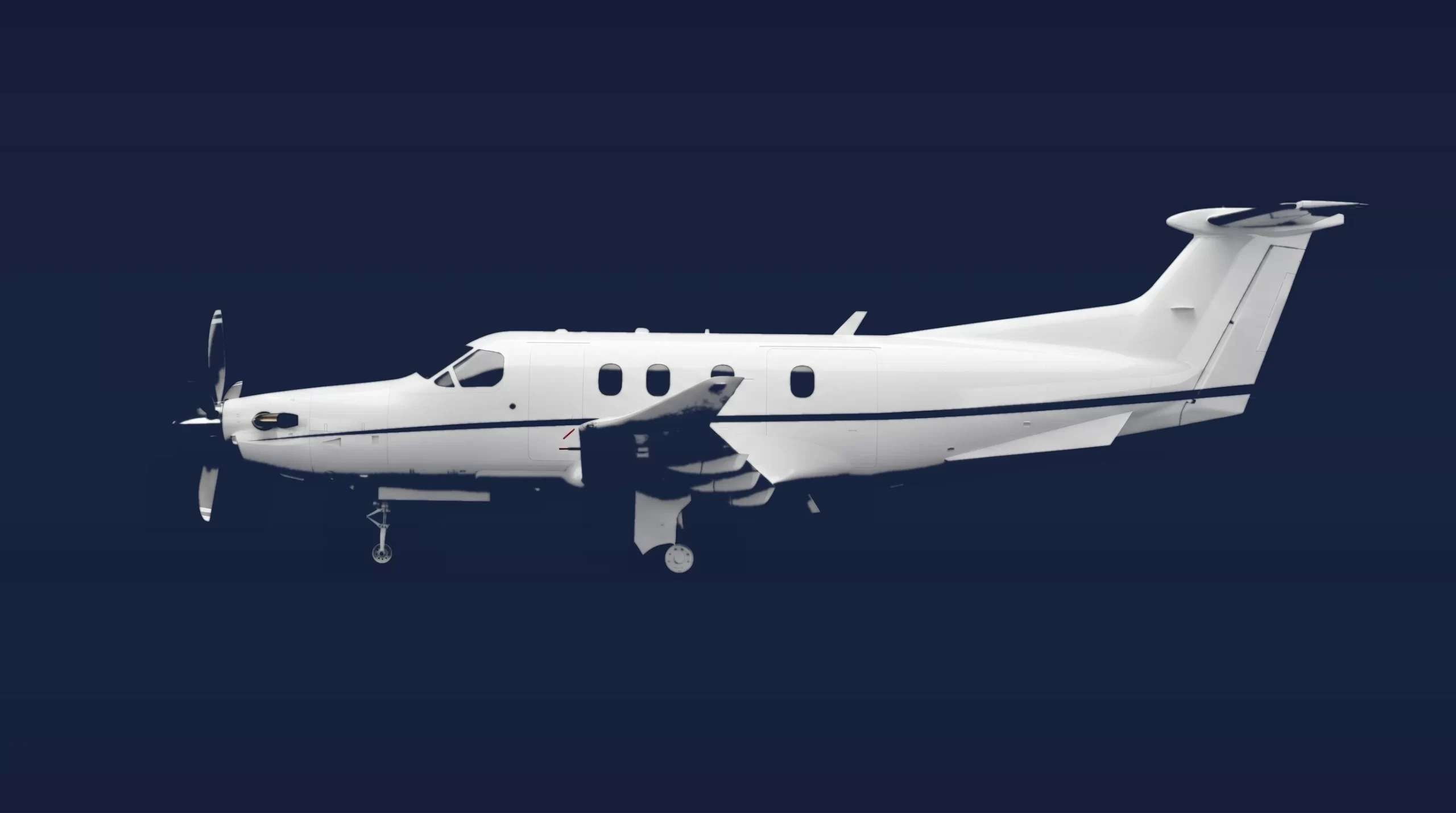 Pilatus PC-12 private charter aircraft, left-side profile on a deep navy studio background