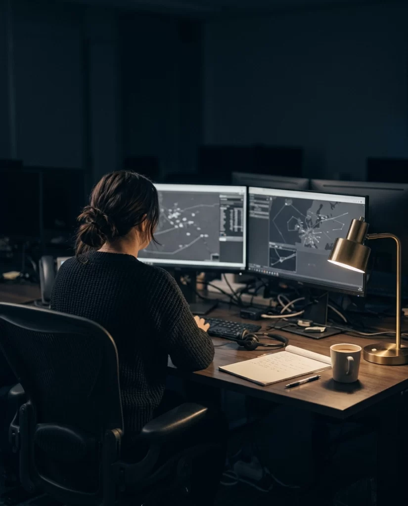 An advisor at the operations desk at night, working a flight plan by lamplight.