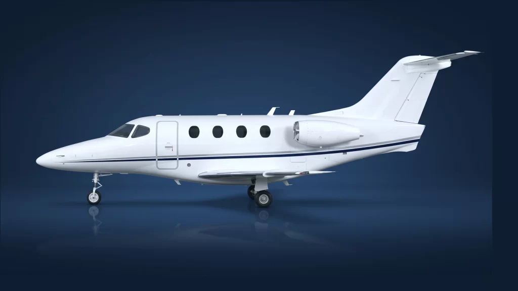 Beechcraft Premier 1A in left-side profile on a deep navy studio background, showing the four near-round cabin windows and smooth composite fuselage that distinguish the type.