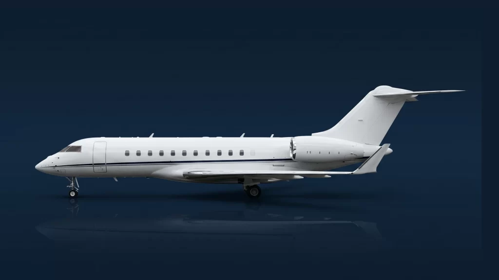 Bombardier Global 5000 in left-side profile on a deep navy studio background, showing eleven cabin windows, tall blended winglets and the T-tail.