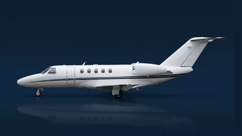 Cessna Citation CJ4 in left-side profile on a deep navy studio background, showing five cabin windows, aft-fuselage engines and the T-tail.