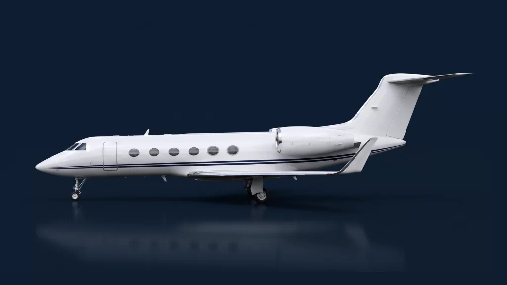 Gulfstream G350 in left-side profile on a deep navy studio background, showing six round cabin windows, the pointed Gulfstream nose and plain wingtips without winglets.