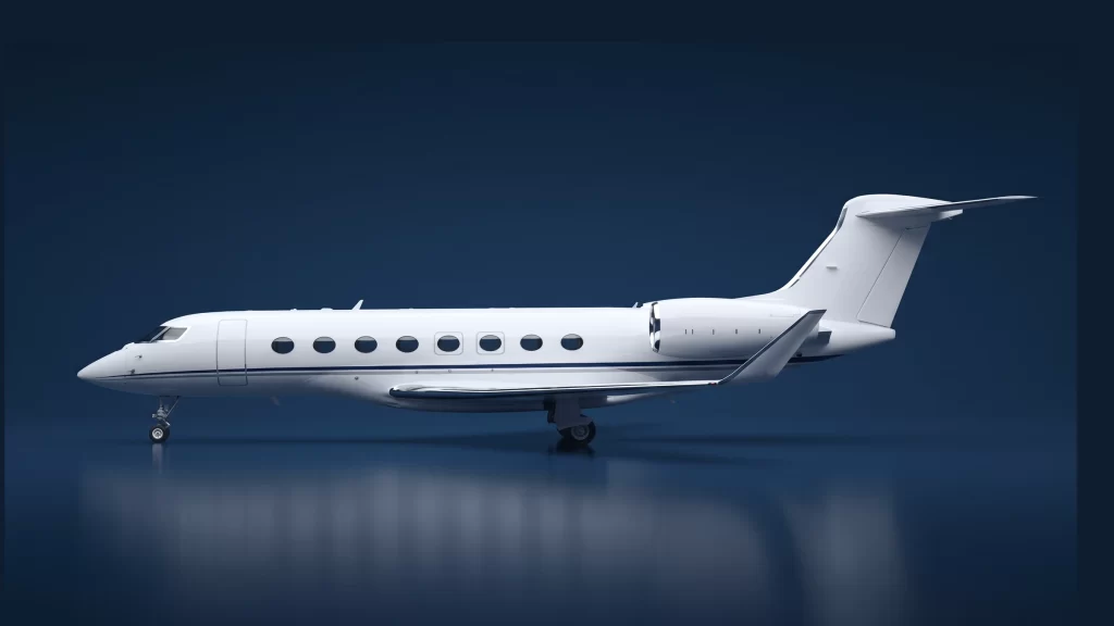 Gulfstream G650 in left-side profile on a deep navy studio background, showing the eight oversized oval cabin windows and the pair of over-wing emergency exits at the fifth and sixth positions.